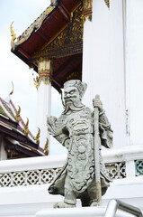 THAILAND, BANGKOK: Scenic view of traditional architecture of old Thailand temple palace with statues and stupas