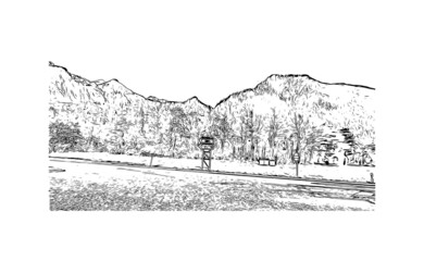 Fototapeta na wymiar Building view with landmark of Laax is the municipality in Switzerland. Hand drawn sketch illustration in vector.