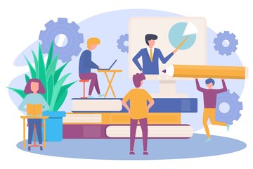 Business people tiny character professional development learn obtain knowledge, educational process flat vector illustration, isolated on white.