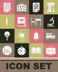 Set Chalkboard, School Bus, Microscope, Exam paper with incorrect answers, Book, Pen, sheet A plus grade and table and chair icon. Vector