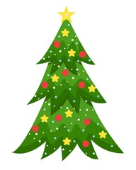 New Year s festive tree decorated with lights and a garland. Isolated evergreen Christmas tree. Green fir or pine tree with star flat vector illustration.