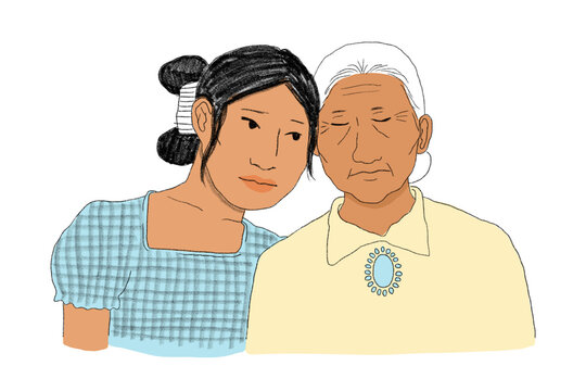 Young woman embracing elderly woman