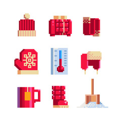 Winter season clothes. Pixel art icons set. Knitted hat, mitten, scarf, down jacket, skates and thermometer. Isolated vector illustration.