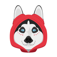 Halloween greeting card. Siberian Husky dog dressed as a skeleton with red hood