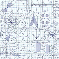 "Back to school" vector seamless pattern with handwritten math formulas, figures and calculations, copybook grid paper	

