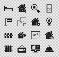 Set Hotel service bell, House with dollar symbol, Location house, Search, plan, Hanging sign Sold, Bed and wrong mark icon. Vector