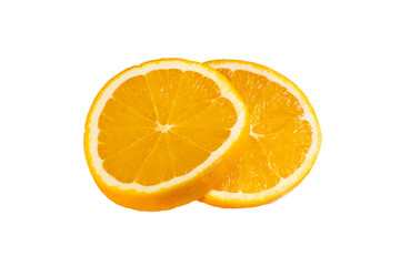 two slices of orange on a white isolated background. sliced orange