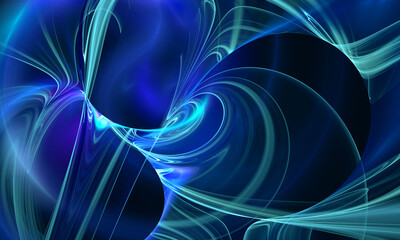 Abstract graphic 3d digital illustration of deep blue glossy wavy texture with funnels and neon glow. Great as banner, background, cover or wallpaper. Technology, sci fi or music and sound concept. - 455954496