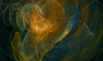 Dynamic 3d illustration of colorful multilayered texture in hot yellow orange and cold dark blue hues. Emotional glowing rushing translucent amorphous substances. Great as background, cover or print.