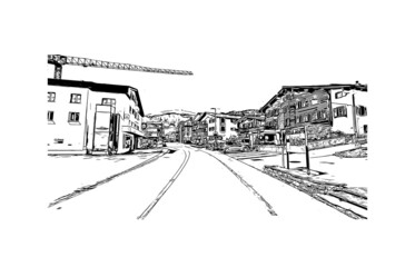 Building view with landmark of Laax is the 
municipality in Switzerland. Hand drawn sketch illustration in vector.