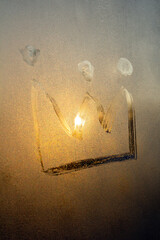 crown on golden glowing background. Emperor treasure. Close up covid symbol