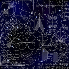 Space vector seamless pattern with handwritten math formulas, calculations, plots 