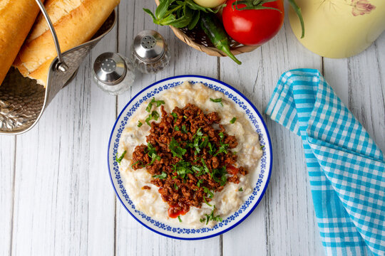 Turkish Ali Nazik Kebab with Yogurt, Minced Meat and Roasted Eggplant or Aubergine Kebap.