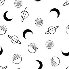 Cute Planets and Moon in Black and White Contrast Vector Seamless Pattern