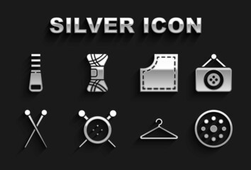 Set Sewing button and knitting needles, Tailor shop, Hanger wardrobe, Knitting, Pattern, Zipper and Yarn icon. Vector