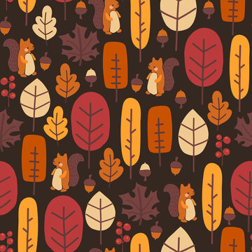Autumn nature seamless vector pattern cute autumn forest, squirrel, leaves, trees, nuts, acorns. Thanksgiving fall background for wallpaper, packaging, textiles. Autumn Holidays kids illustration.