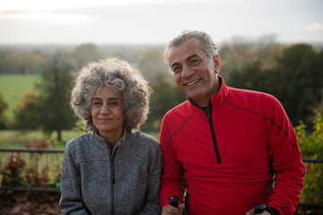 Smiling, affectionate senior couple with walking sticks in park