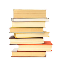 Stack of library books on white background