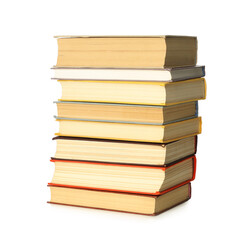 Stack of library books on white background