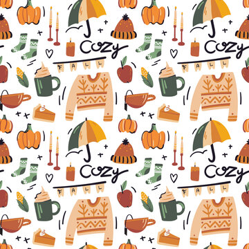 Pattern with pie, pumpkin, tea, coffee, socks, sweater, candles, umbrella. Autumn cute doodle vector illustration. Fall cozy hand drawn elements. Ideal for wrapping, backdrop, template, paper, web.