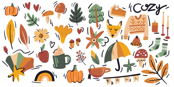 Autumn season flat illustrations set. Isolated on white. Mushroom, leaf, umbrella, fox, coffee, pie, pumpkin, candle, sweater, hat, socks, apple, heart, star, tea. Fall cozy doodle collection.
