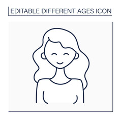 Early adulthood line icon. Adult strong woman. Happy young female person. Life cycle. Different ages concept. Isolated vector illustration. Editable stroke