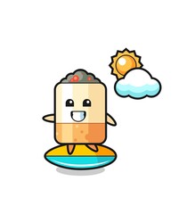 Illustration of cigarette cartoon do surfing on the beach