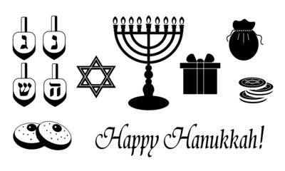 Hanukkah symbols, black and white icons of Jewish religious holiday, menora, dreidel, coins, David star, Happy Hanukkah elements 