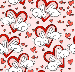 Colorful abstract vector seamless pattern with white bunnies, red hearts