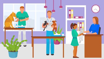 Professional veterinarian doctor character hold home pet kitty and puppy, vet medical clinic help domestic animal flat vector illustration banner.