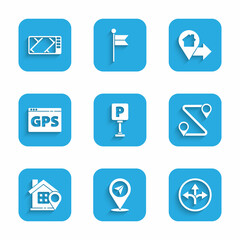 Set Parking, Location, Road traffic sign, Route location, with house, Gps device map, and icon. Vector