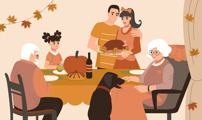 The family is sitting at the festive table and having dinner. Together celebrate Thanksgiving Day. Flat vector illustration