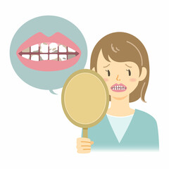 手鏡で汚れた歯を見ている女性のイラスト