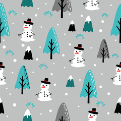 Christmas seamless pattern with pine, snowman, iceberg, snow, grass on gray background, Christmas vector.