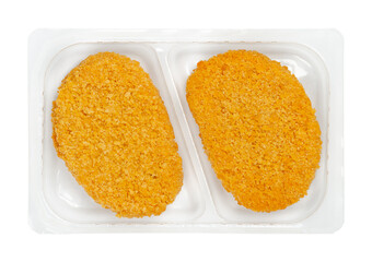 Vegan breaded cutlets, in a clear plastic tray. Slices of pre-fried schnitzel, based on soy...