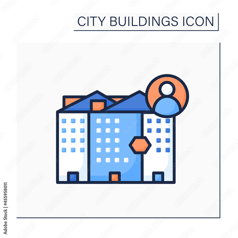 Poster skyscraper color icon.modern architecture building. concept of business, progress and modern develop