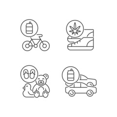 Recycling business linear icons set. Eco friendly bike. Sustainable shoes. Toys from flip flops. Customizable thin line contour symbols. Isolated vector outline illustrations. Editable stroke