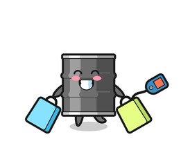 oil drum mascot cartoon holding a shopping bag