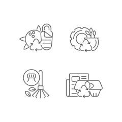 Processing recycled material linear icons set. Sustainable camping gear. Rakes from bottle caps. Customizable thin line contour symbols. Isolated vector outline illustrations. Editable stroke