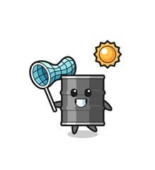 oil drum mascot illustration is catching butterfly