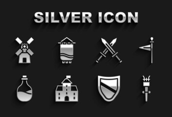 Set Castle, fortress, Medieval flag, Torch flame, Shield, Old bottle of wine, Crossed medieval sword, Windmill and icon. Vector