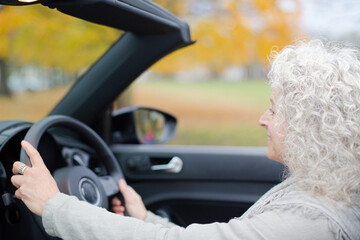 Portrait smiling, affectionate senior woman in car