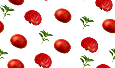 tomatoes and basil seamless pattern on white background