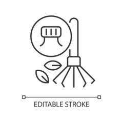 Rakes from bottle caps linear icon. Broom made from recycled plastics. Sustainable broomstick. Thin line customizable illustration. Contour symbol. Vector isolated outline drawing. Editable stroke