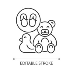 Toys made from flip flops linear icon. Sustainable handmade toys. Recycling rubber flip-flops. Thin line customizable illustration. Contour symbol. Vector isolated outline drawing. Editable stroke