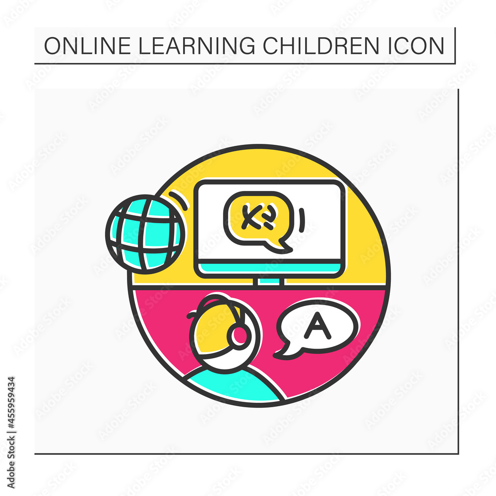 Poster online learning color icon. study foreign language online. language courses and remote home schoolin