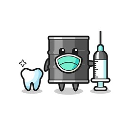 Mascot character of oil drum as a dentist