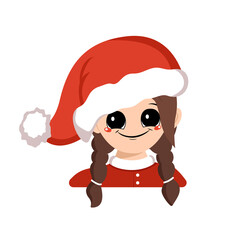 Avatar of a girl with big eyes and a wide happy smile in a red Santa hat. Cute kid with a joyful face in a festive costume for New Year and Christmas. Head of adorable child with joyful emotions