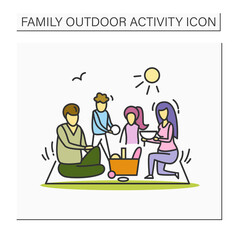 Family meal outside color icon. Family of parents and two kids on picnic in park.Mother, father and children eating in nature.Parents and offspring leisure. Isolated vector illustration