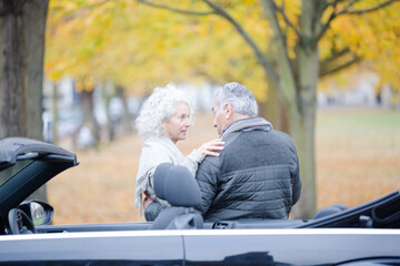 Affectionate, tender senior couple hugging in autumn park near car